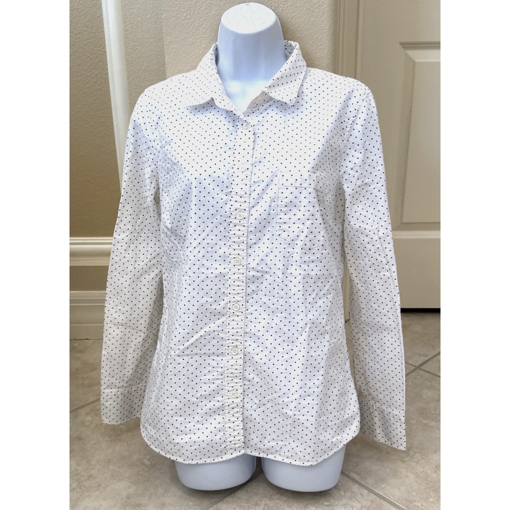J.Crew Boy Fit Polka Dot Button Up Shirt White Black Size 10 Preppy Office